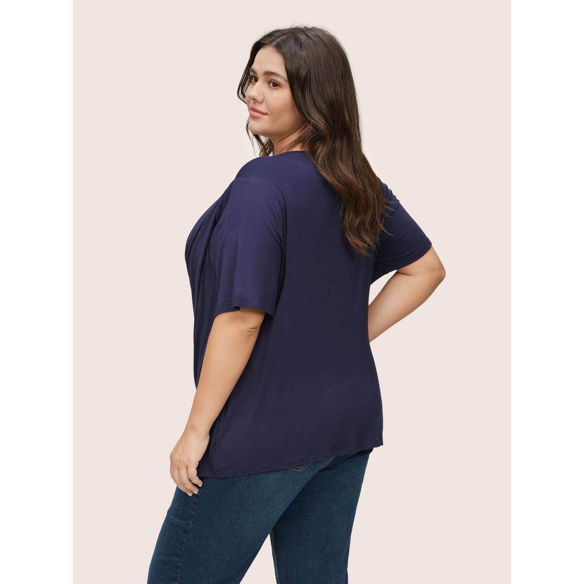Plus Size Solid Cowl Neck Gathered T-shirt Indigo Women Elegant Non Plain Cowl Neck Everyday T-shirts BloomChic 18-20/2X Product Image