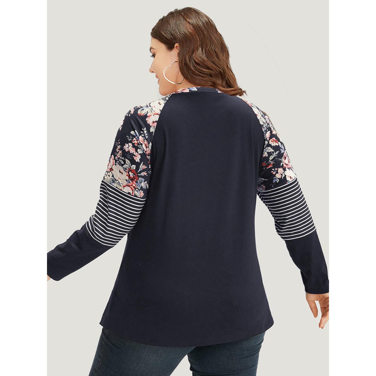 Plus Size Floral Striped Patchwork Crew Neck Raglan Sleeve T-shirt Burgundy Women Casual Contrast Striped Round Neck Dailywear T-shirts BloomChic 10/M Product Image