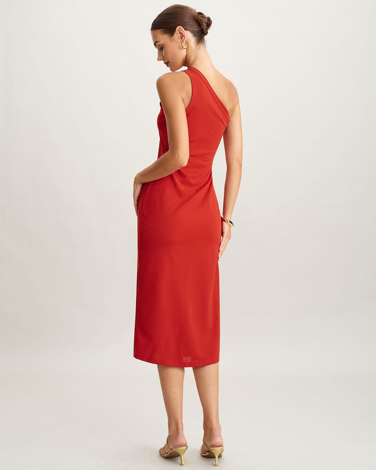 Red Knit One shoulder Midi Dress Product Image