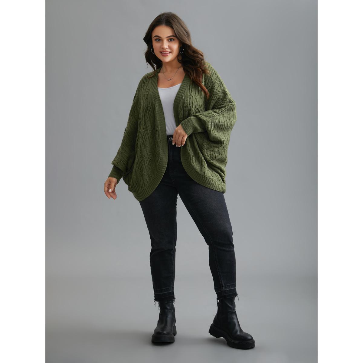 Plus Size Curved Open-Front Dolman Sleeve Knit Cardigan Moss Women Casual Loose Long Sleeve Everyday Cardigans BloomChic 14-16/1X Product Image