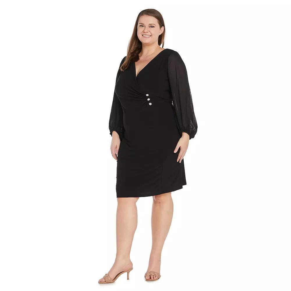 Plus Size R&M Richards Blouson Sleeve Surplice Wrap Dress With Rhinestone Button Detail, Womens Product Image