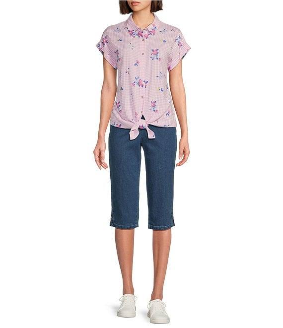 Allison Daley Petite Size Gingham Floral Print Short Sleeve Tie Front Button Blouse Product Image