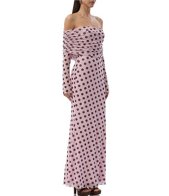 AFRM Thelma Dot Print Off-The-Shoulder Long Sleeve Mesh Maxi Dress Product Image