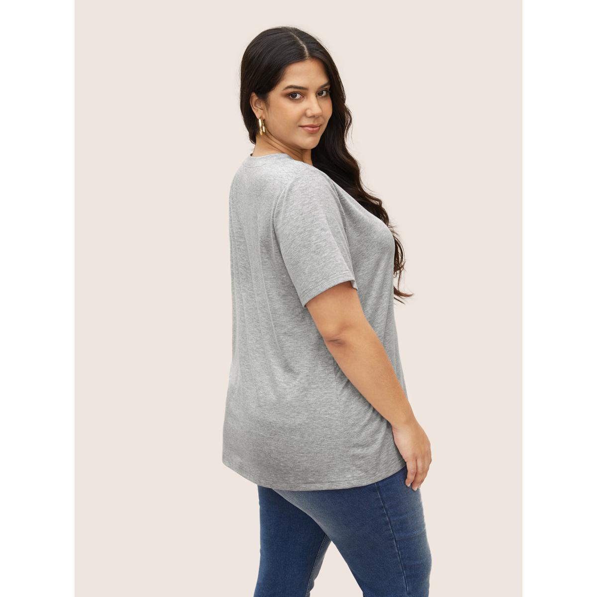 Plus Size V Neck Solid Heather Cut Out T-shirt Gray Women Casual Cut-Out V-neck Everyday T-shirts BloomChic 14-16/1X Product Image