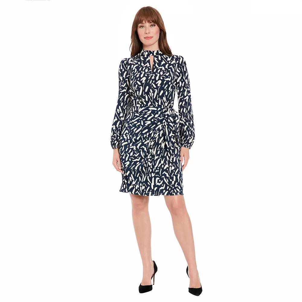 Women's London Times Wrap Skirt Bishop Sleeve Dress, Size: 4, Navy Ivory Product Image