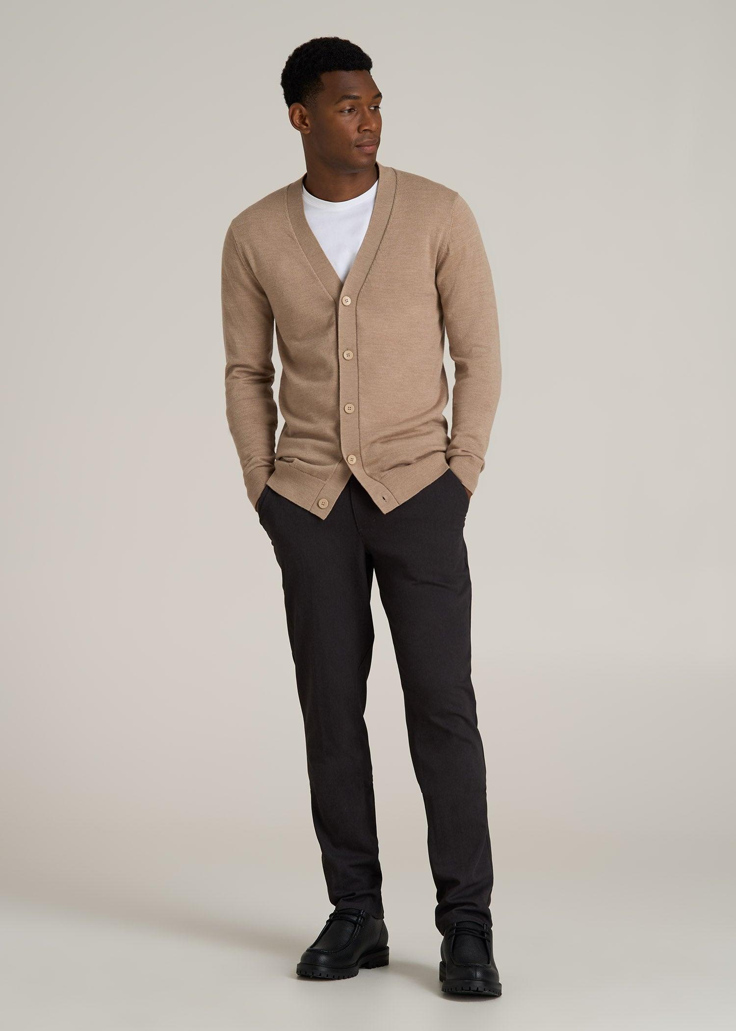 Merino Wool Cardigan Sweater for Tall Men in Oat Product Image