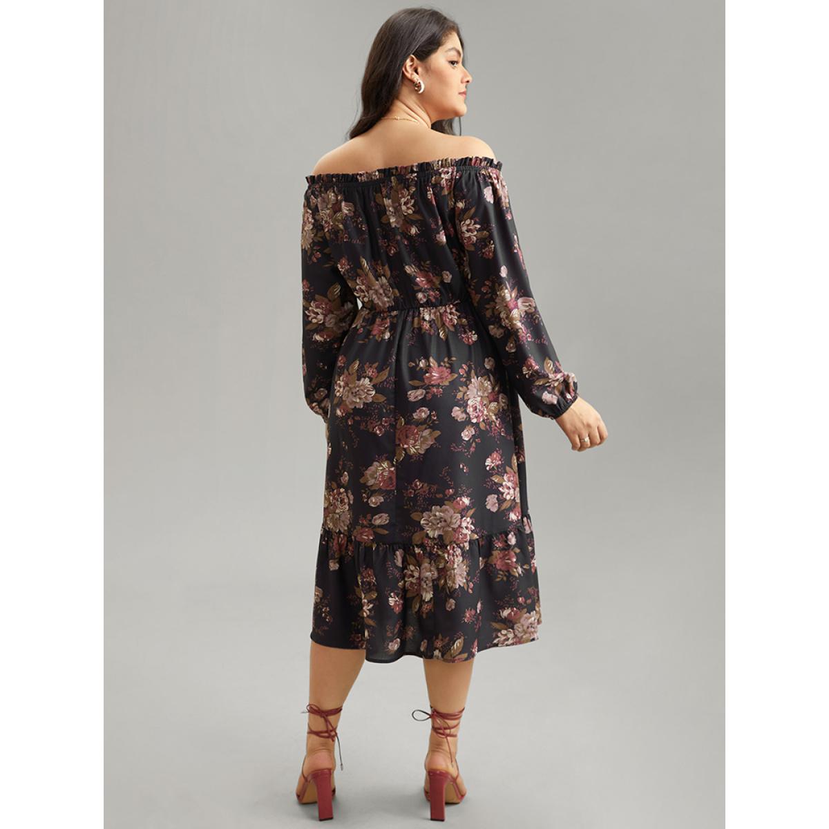 Plus Size Off Shoulder Floral Frill Trim Lantern Sleeve Dress Black Women Elegant Elastic cuffs One-shoulder neck Long Sleeve Curvy Midi Dress BloomChic 28/5X Product Image