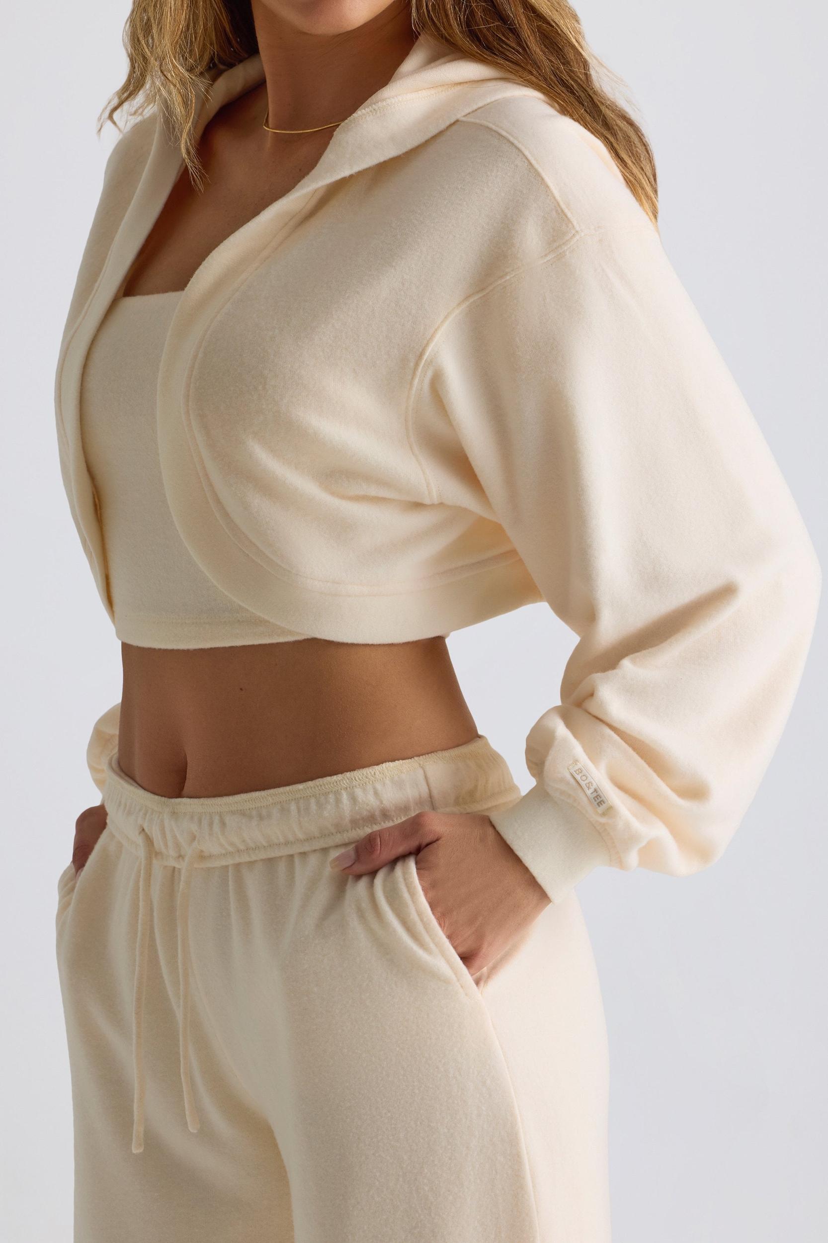 Brushed Jersey Hooded Cropped Shrug in Ecru Product Image