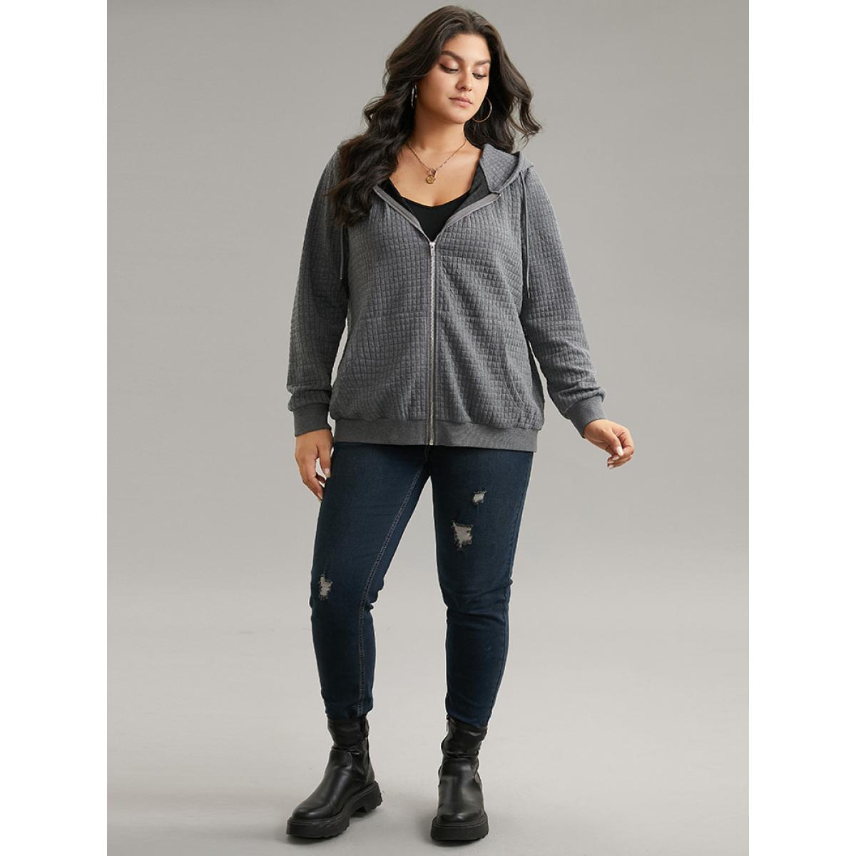 Plus Size Plain Zipper Drawstring Jacquard Jacket Women Gray Plain Pocket Everyday Jackets BloomChic 12/L Product Image