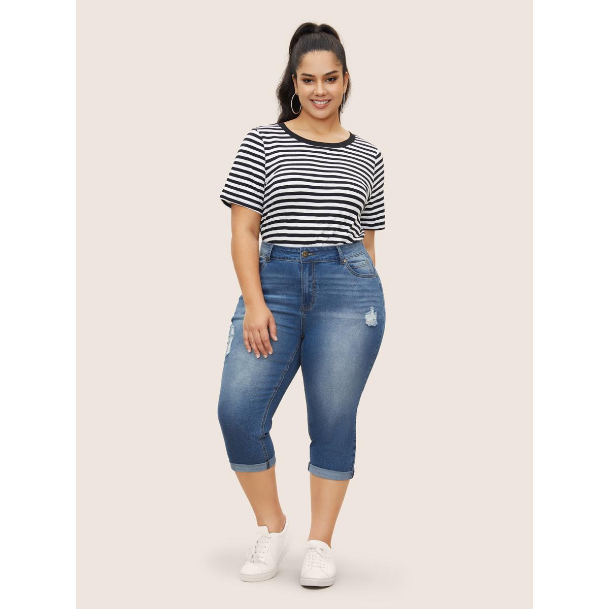 Plus Size Light Wash Distressed Roll Hem Jeans Women Blue Casual Roll Hem High stretch Pocket Jeans BloomChic 16/1X Product Image