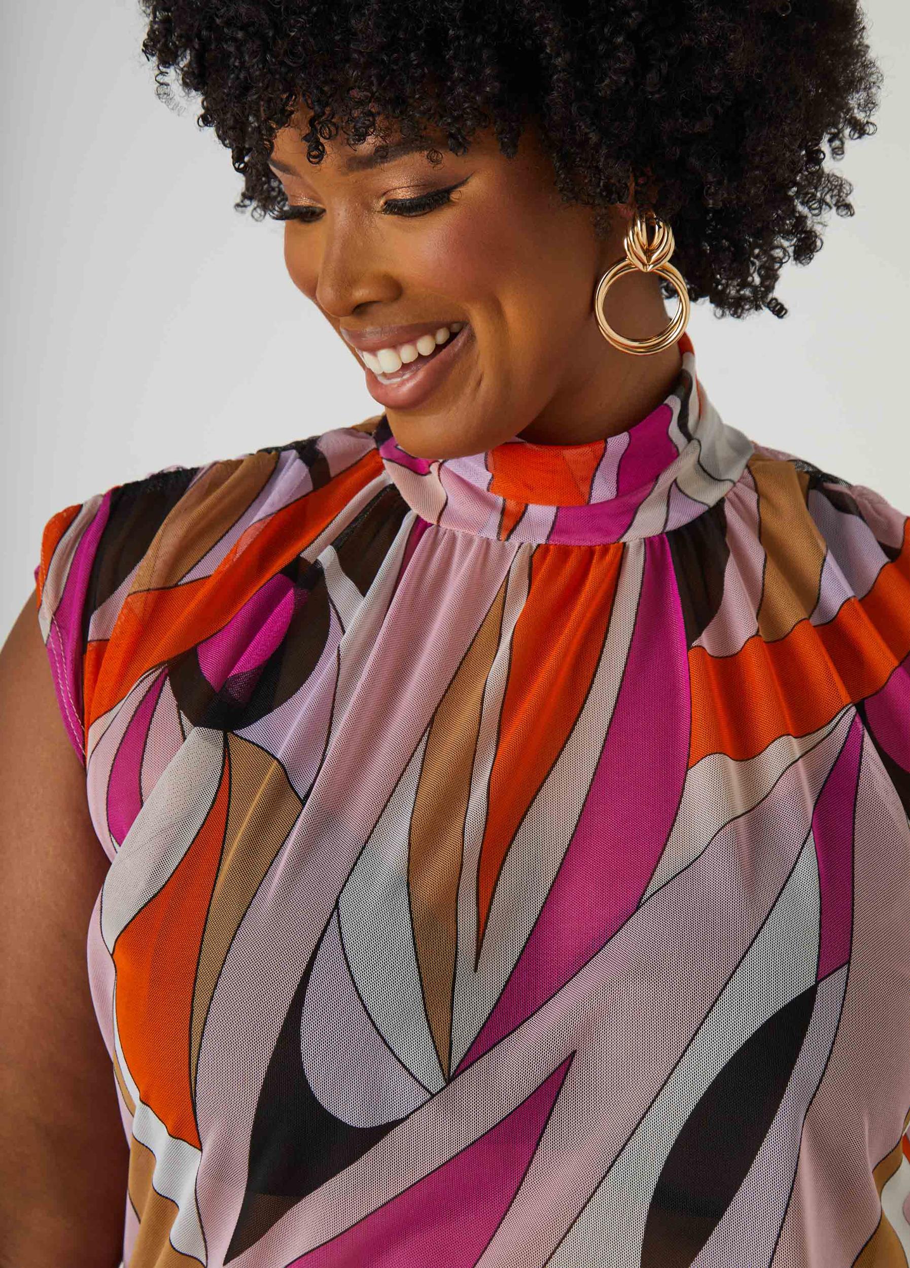 Printed Mesh Mock Neck Top Product Image