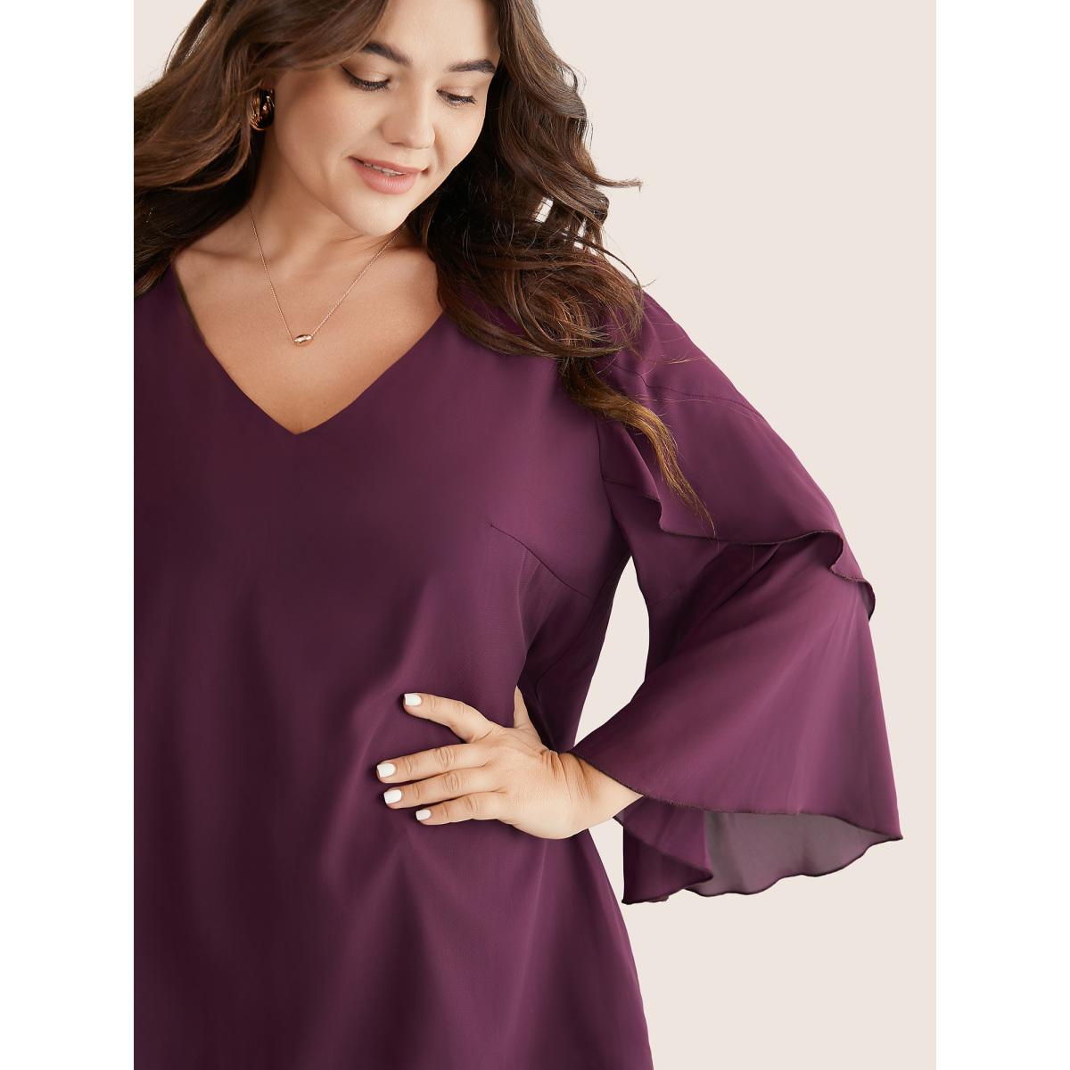 Plus Size Purple Anti-Wrinkle Tiered Flounce Sleeve Chiffon Blouse Women Elegant Elbow-length sleeve V-neck Everyday Blouses BloomChic 10/M Product Image