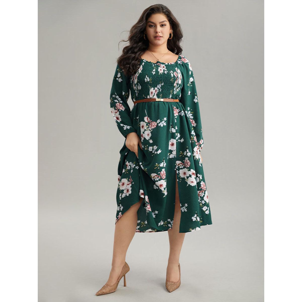 Plus Size Floral Print Split Hem Pocket Shirred Dress DarkGreen Women Elegant Elastic cuffs Square Neck Long Sleeve Curvy Midi Dress BloomChic 26/4X Product Image