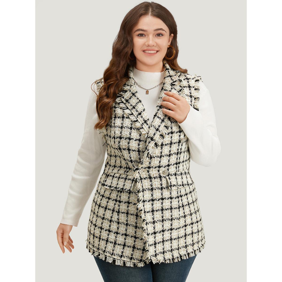 Plus Size Plaid Sleeveless Flap Pocket Button Up Blazer White Women Work Plaid Contrast Sleeve Long Sleeve Suit Collar 18-20/2X Pocket Casual Blazers BloomChic Product Image