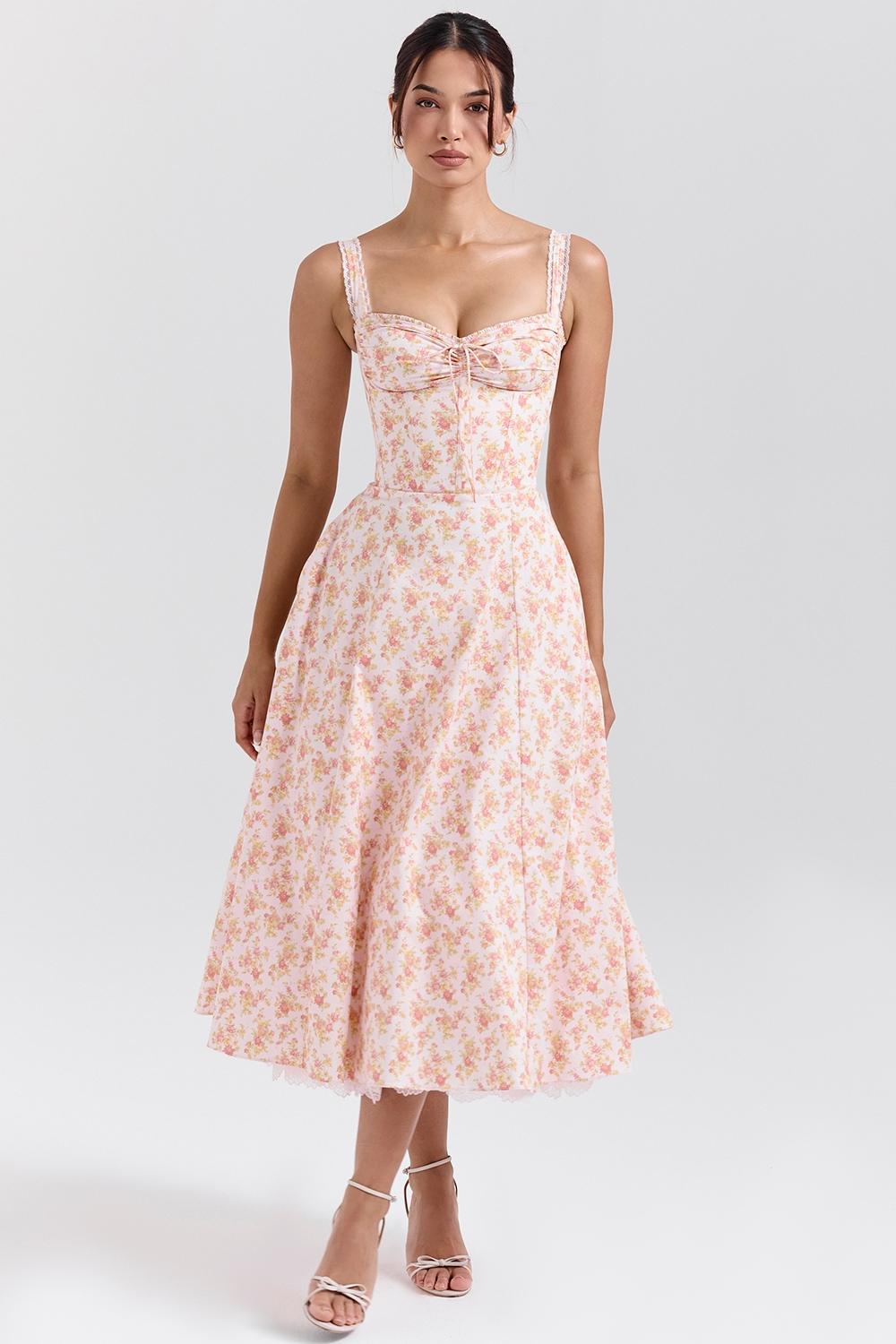 Rosalee  peach poppy print cotton bustier sundress Product Image