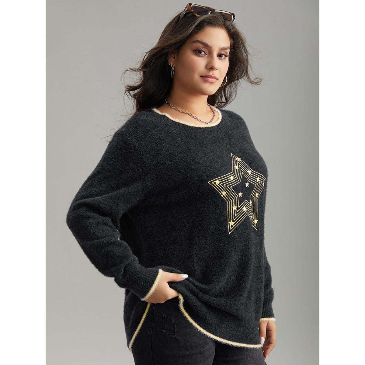 Plus Size Star Embroidered Contrast Trim Pullover Black Women Casual Loose Long Sleeve Round Neck Dailywear Pullovers BloomChic 30/6X Product Image