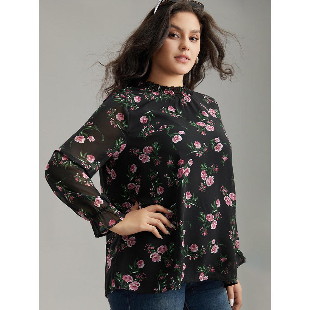 Plus Size Black Chiffon Floral Frill Trim Mesh Patchwork Blouse Women Elegant Long Sleeve Round Neck Dailywear Blouses BloomChic 22-24/3X Product Image