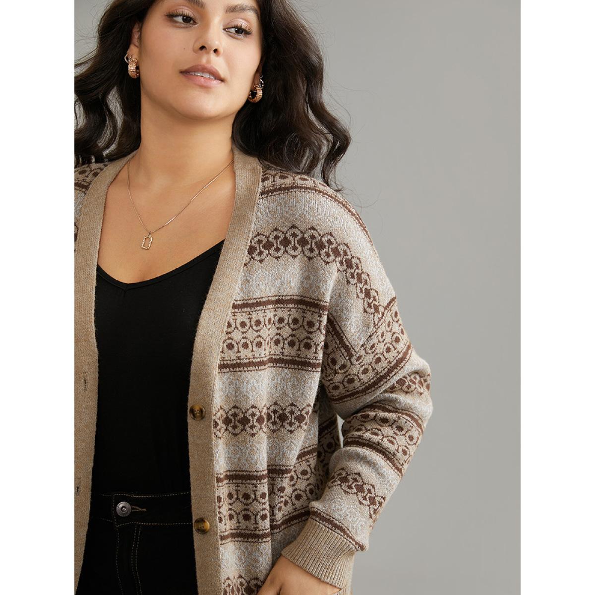 Plus Size Supersoft Essentials Geometric Pocket Jacquard Cardigan Tan Women Casual Loose Long Sleeve Everyday Cardigans BloomChic 14-16/1X Product Image