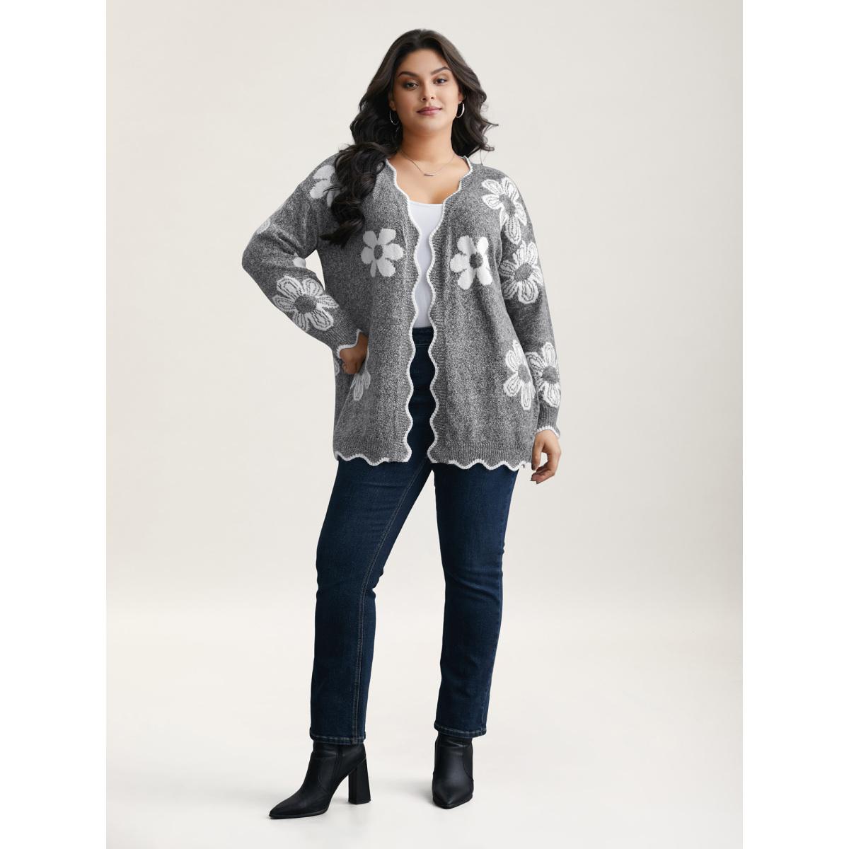 Plus Size Floral Pattern Open-Front Knitted Cardigan DarkGray Women Playful Loose Long Sleeve Casual Cardigans BloomChic 10/M Product Image