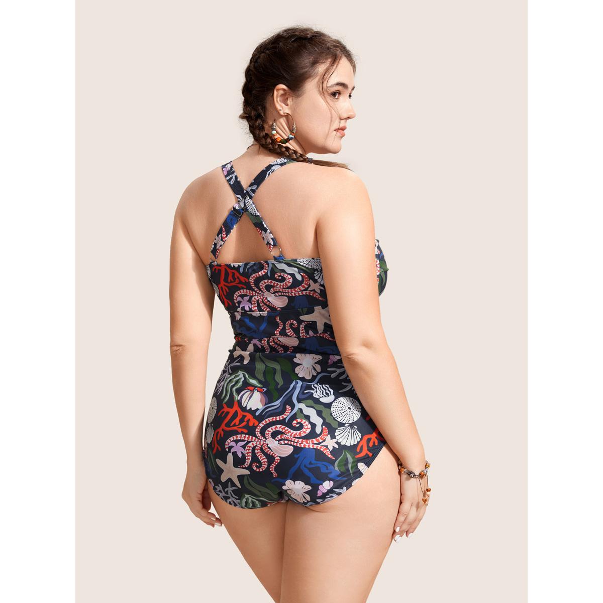 Plus Size Marine Elements Drawstring Gathered One Piece Swimsuit Women's Swimwear Multicolor Beach Gathered Curve Bathing Suits High stretch One Pieces BloomChic 18-20/2X Product Image