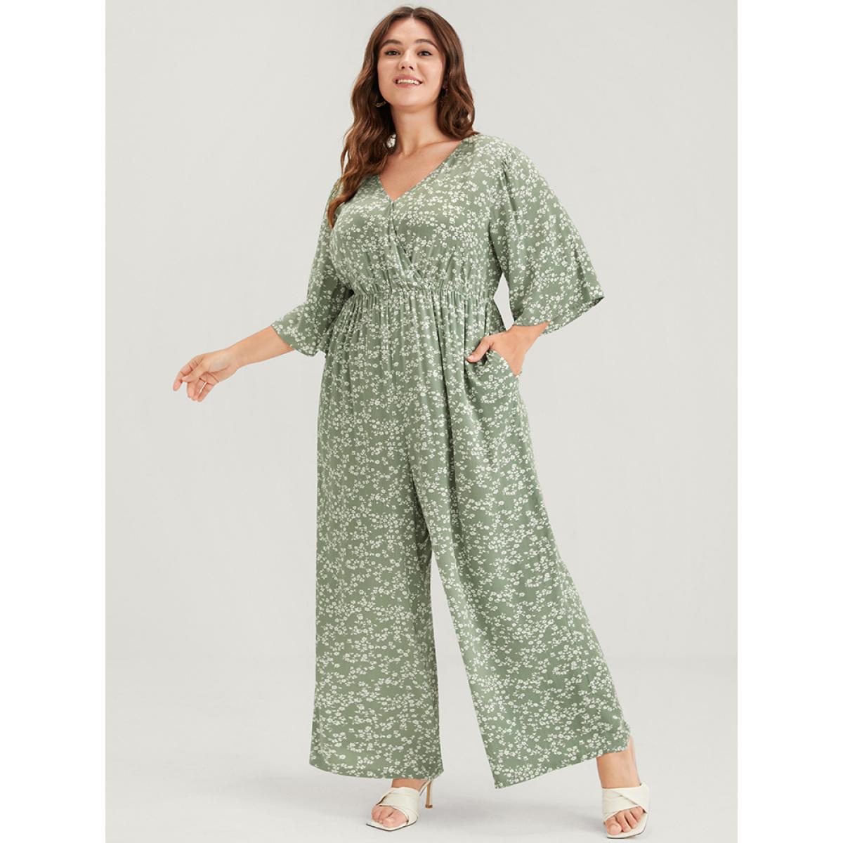 Plus Size LightGreen Ditsy Floral Pocket Elastic Waist Flutter Sleeve Wrap Jumpsuit Women Elegant Half Sleeve V-neck Dailywear Loose Jumpsuits BloomChic 10/M Product Image