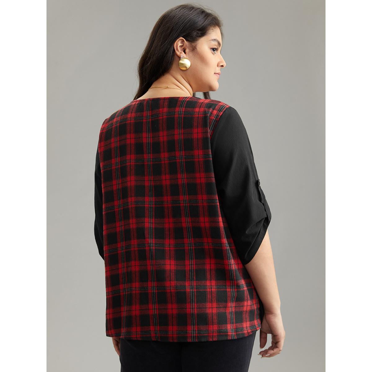 Plus Size Black Plaid Patchwork Wrap Tab Sleeve Blouse Women Casual Elbow-length sleeve V-neck Everyday Blouses BloomChic 12/L Product Image