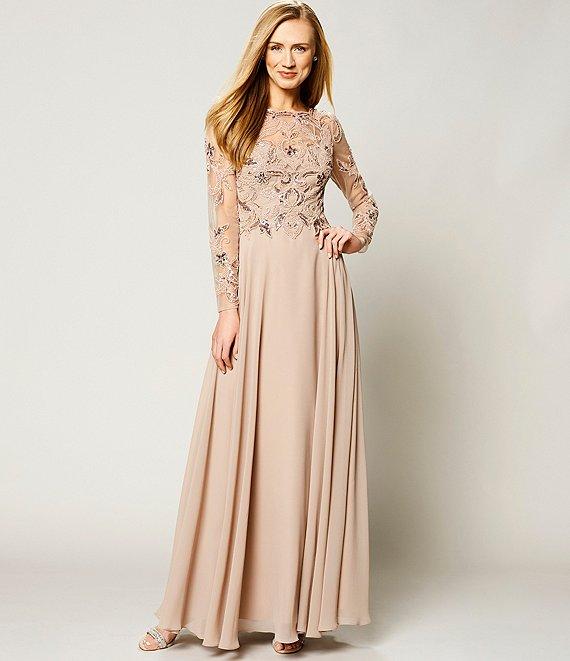 Xscape Illusion Crew Neck Long Sleeve Floral Beaded Bodice Chiffon Gown Product Image