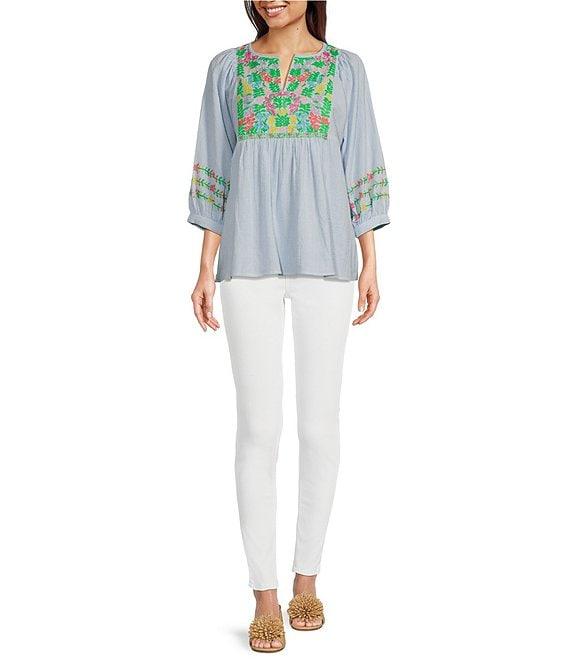 Tru Luxe Jeans Embroidered Split V-Neck 3/4 Sleeve Popover Top Product Image