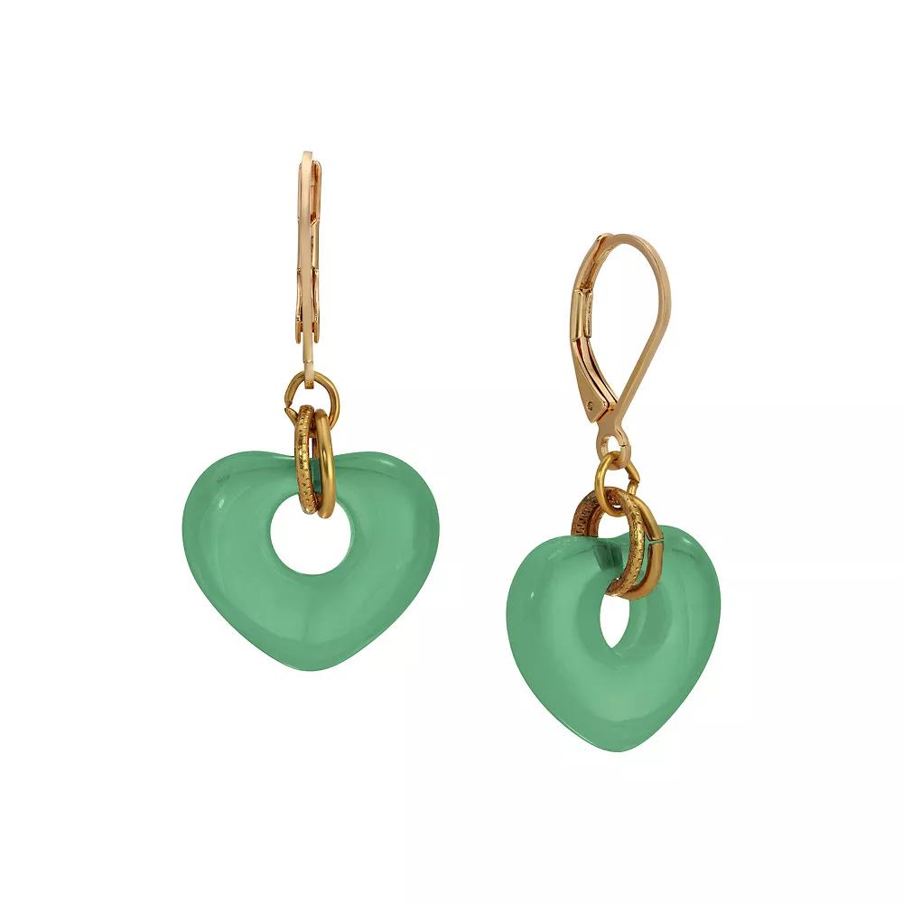 1928 Gold Tone Glass Heart Drop Leverback Earrings, Women's, Green Product Image