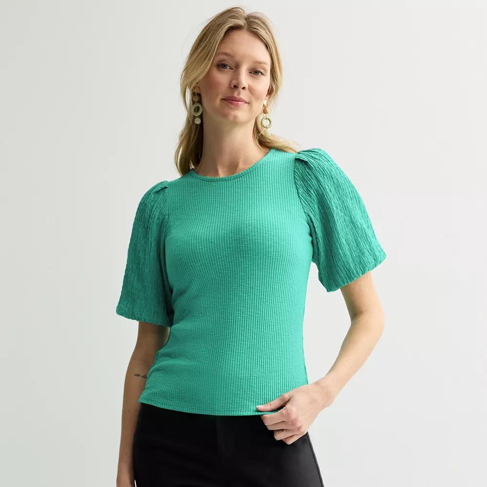 Women's Nine West Ribbed Top with Textured Sleeves, Size: Small, Green Opal Product Image