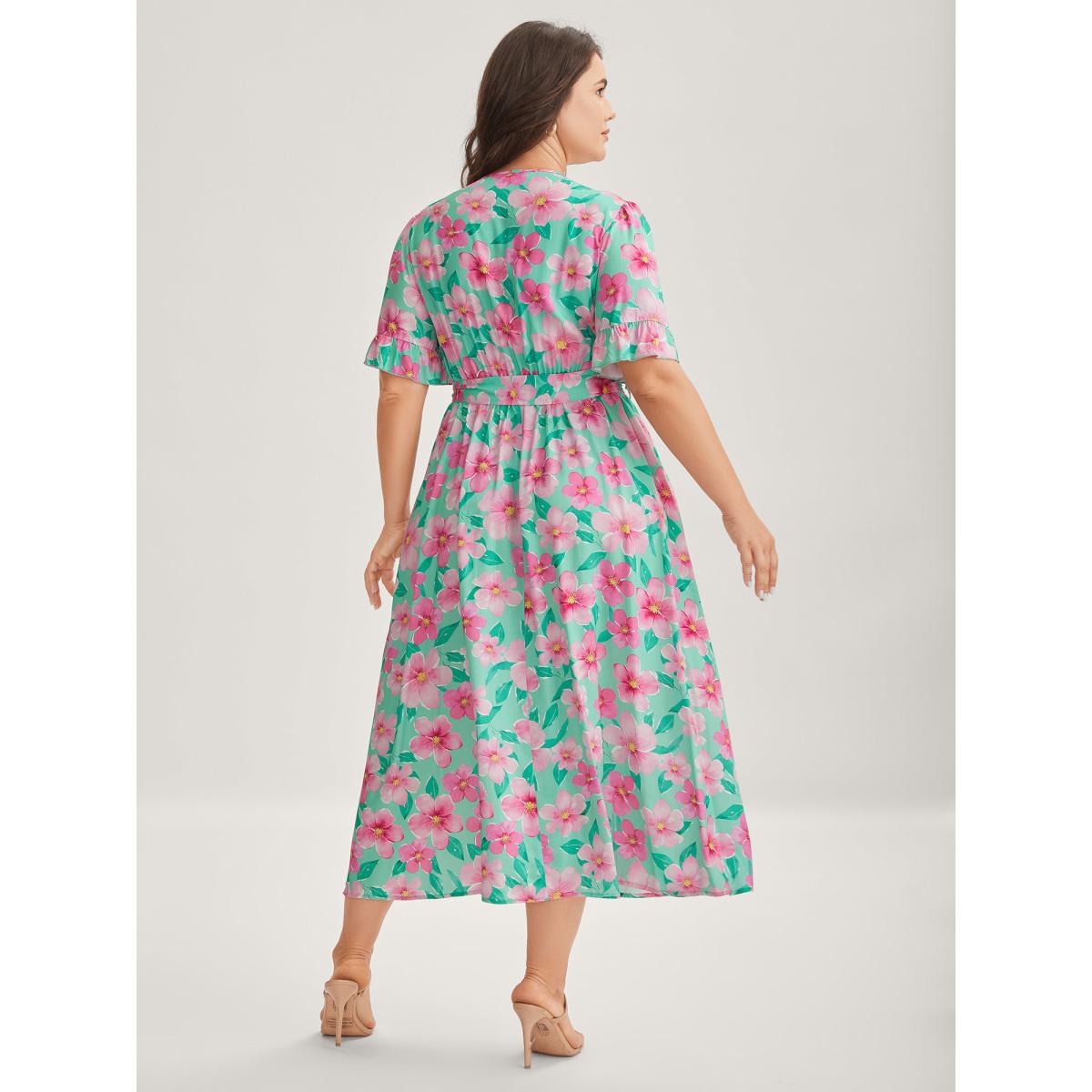 Plus Size Rayon Floral Print Pockets Midi Dress Multicolor Women Overlap Collar Short sleeve Curvy BloomChic 28/5X Product Image