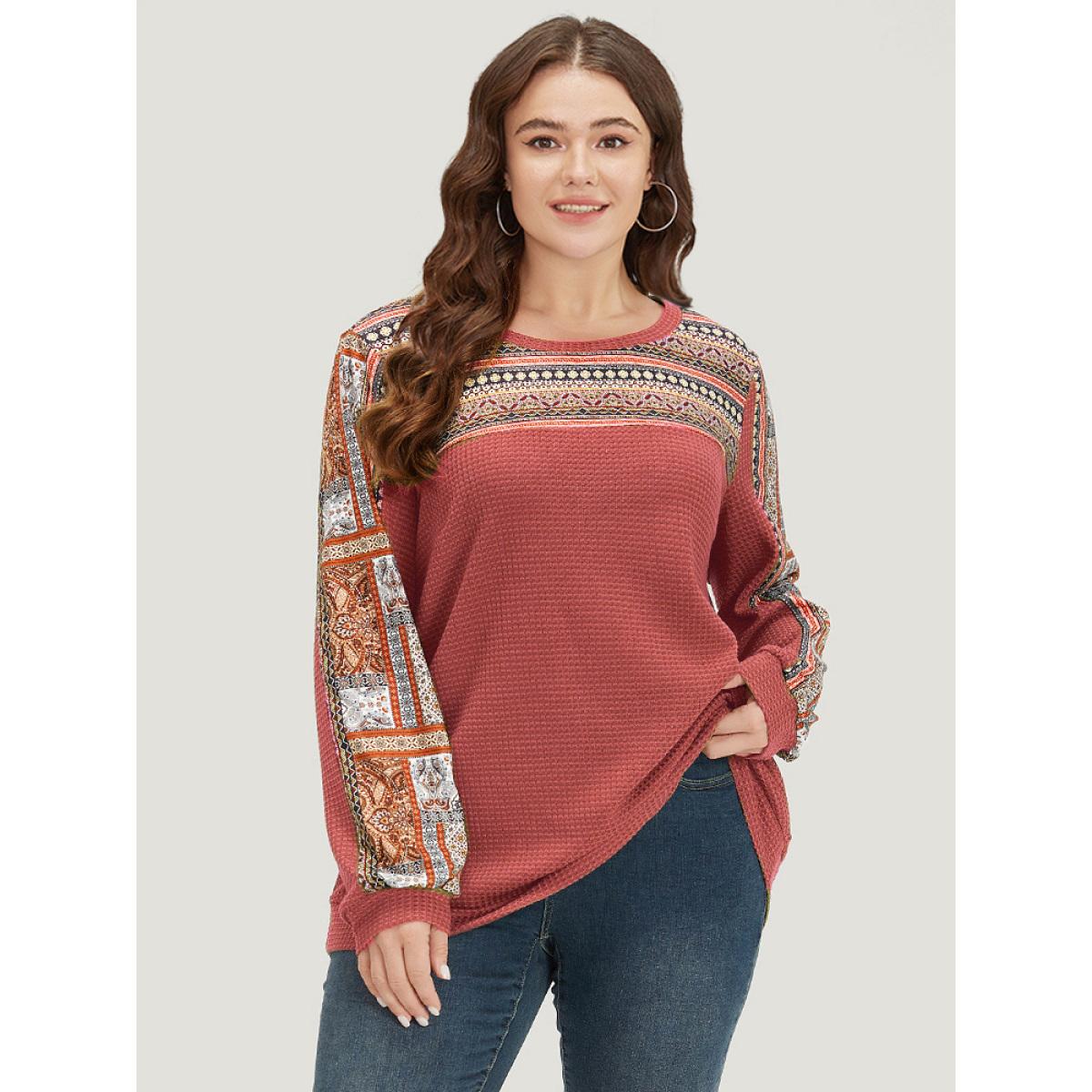 Plus Size Boho Print Patchwork Waffle Knit Crew Neck Sweatshirt Women Chocolate Casual Elastic cuffs Round Neck Dailywear Sweatshirts BloomChic 22-24/3X Product Image