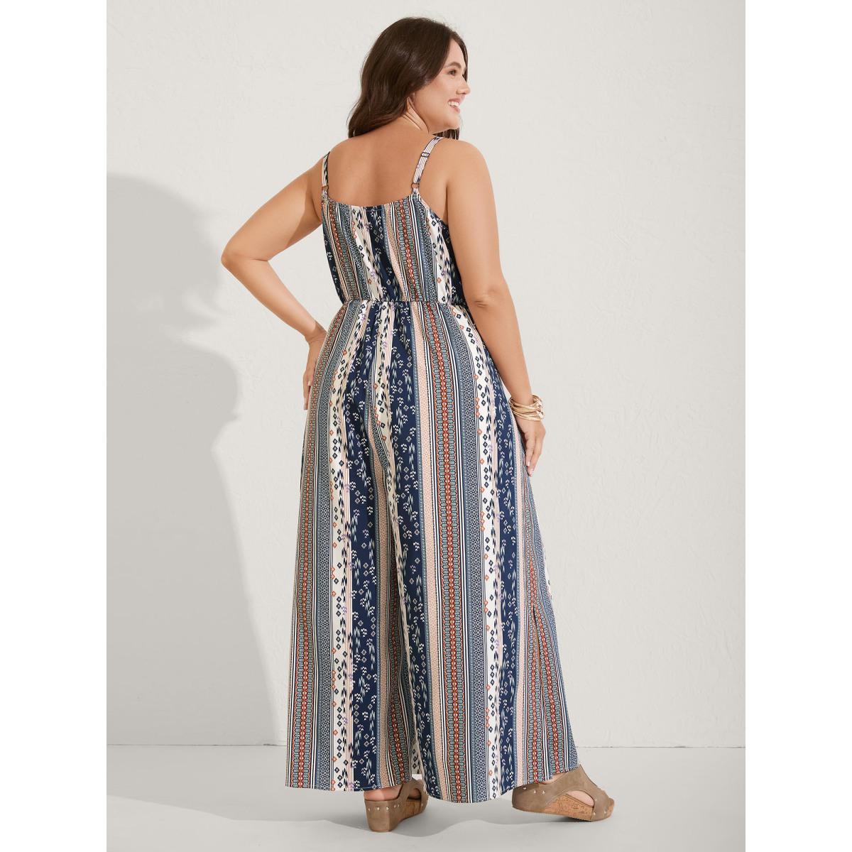 Plus Size Indigo Boho Stripes Stretchy Waist Jumpsuit Women Boho Sleeveless Non Vacation Loose Jumpsuits BloomChic 10/M Product Image