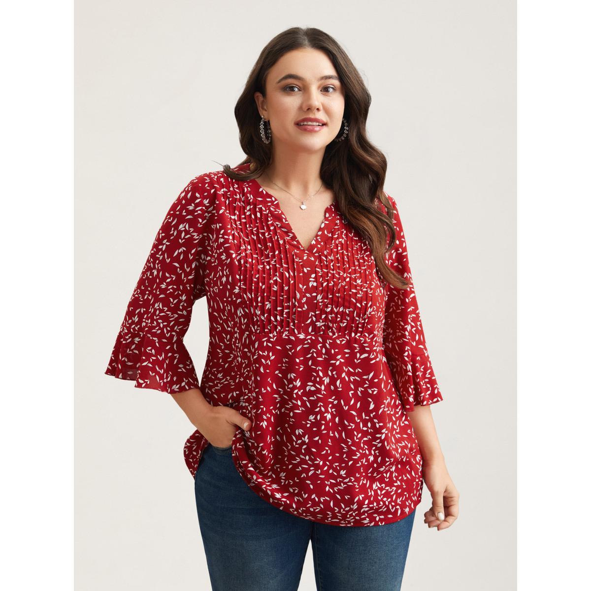 Plus Size Raspberry Toothpick Pleat Floral Notched Collar Shirt Women Elegant Elbow-length sleeve Notched collar Everyday Blouses BloomChic 10/M Product Image