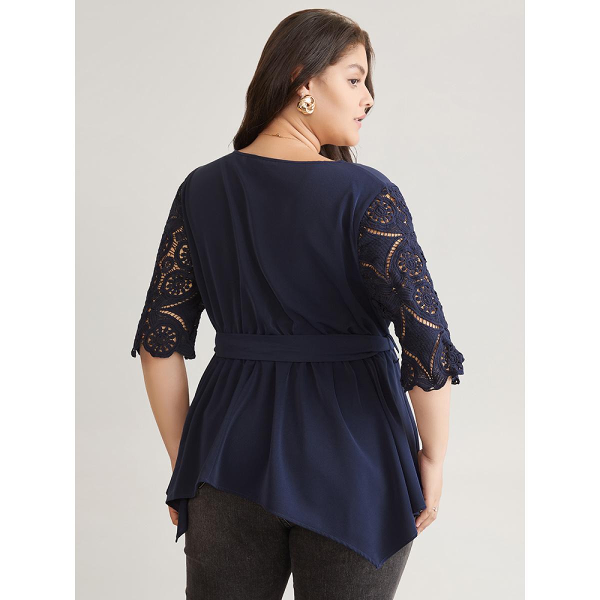 Plus Size Indigo Lace Patchwork Belted Hanky Hem Blouse Women Elegant Half Sleeve V-neck Work Blouses BloomChic 14-16/1X Product Image