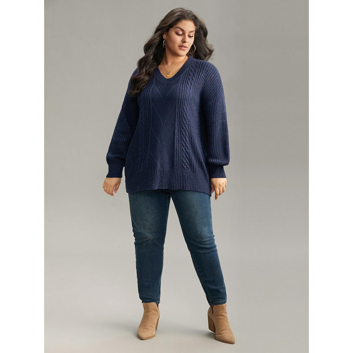 Plus Size Cable Knit Lurex V Neck Pullover Indigo Women Casual Loose Long Sleeve V-neck Dailywear Pullovers BloomChic 18-20/2X Product Image