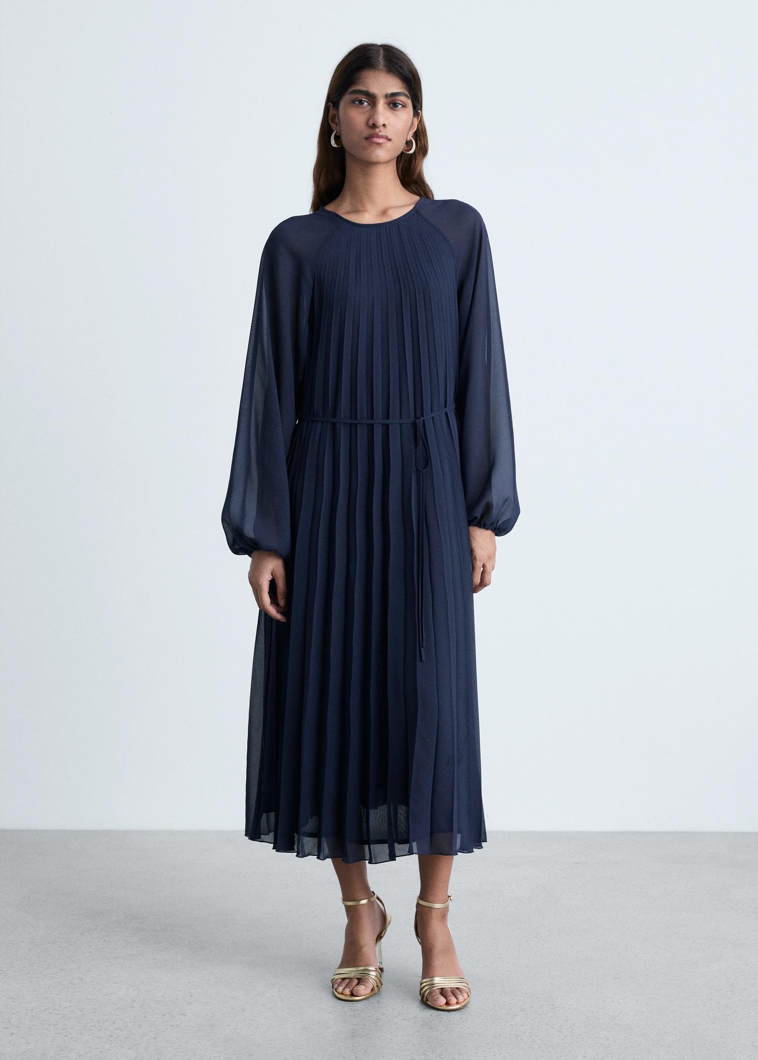 Pleated dress with bow belt - Women | MANGO USA Product Image