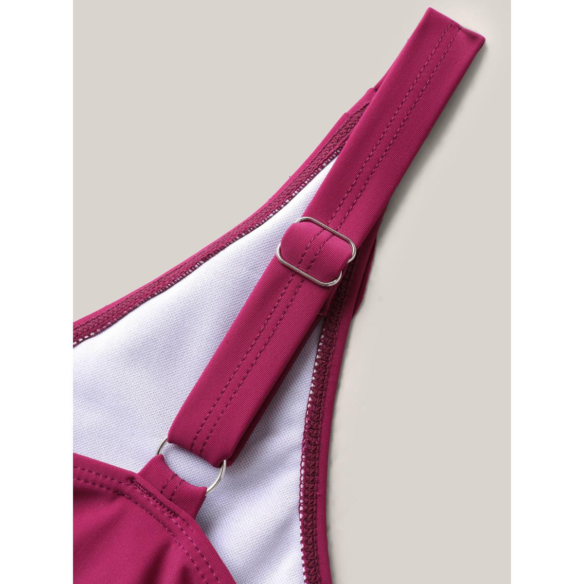 Plus Size Ruffle Collar Hi-Low Hem Swim Top Women's Swimwear Burgundy Beach Ruffles High stretch Bodycon V-neck Curve Swim Tops BloomChic 18-20/2X Product Image