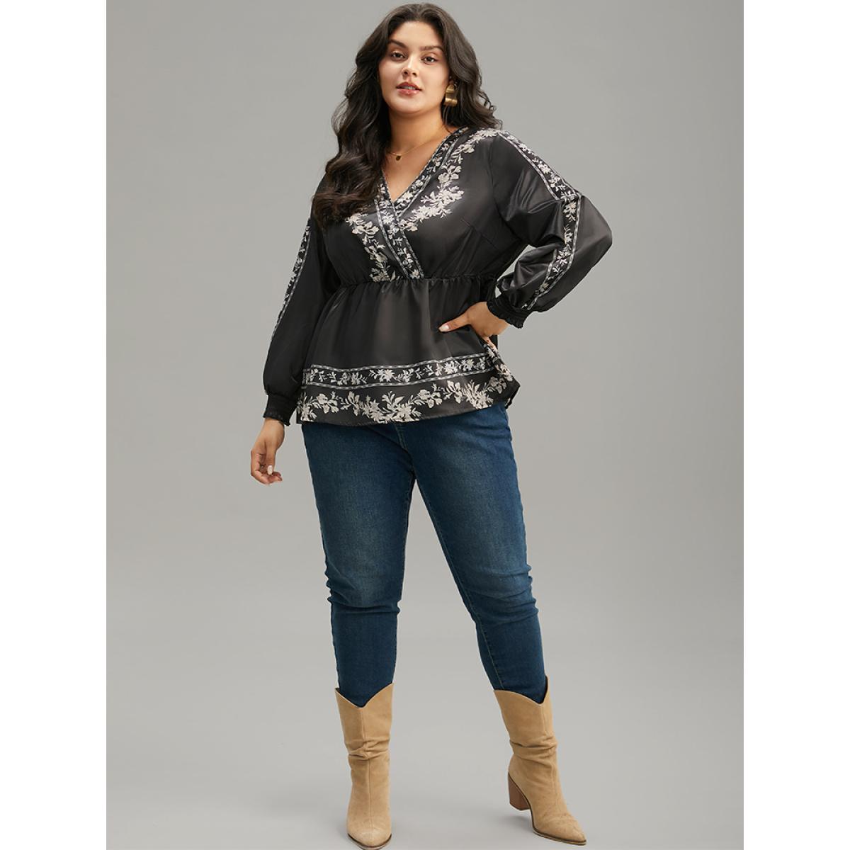 Plus Size BlackFlower Boho Print Shirred Lantern Sleeve Blouse Women Resort Long Sleeve V-neck Vacation Blouses BloomChic 12/L Product Image