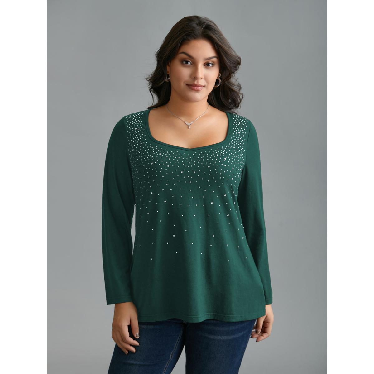 Plus Size Sequin Stretchy Long Sleeve T-shirt Black Women Timeless Rhinestone detailing Heart neckline Elegant T-shirts BloomChic 22-24/3X Product Image