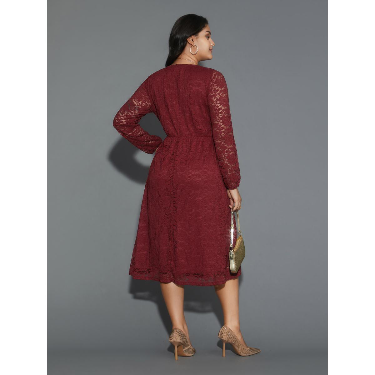 Plus Size Solid Lace Patchwork Lantern Sleeve Dress Burgundy Women Cocktail Woven ribbon&lace trim Party Curvy Bloomchic 30/6X Product Image