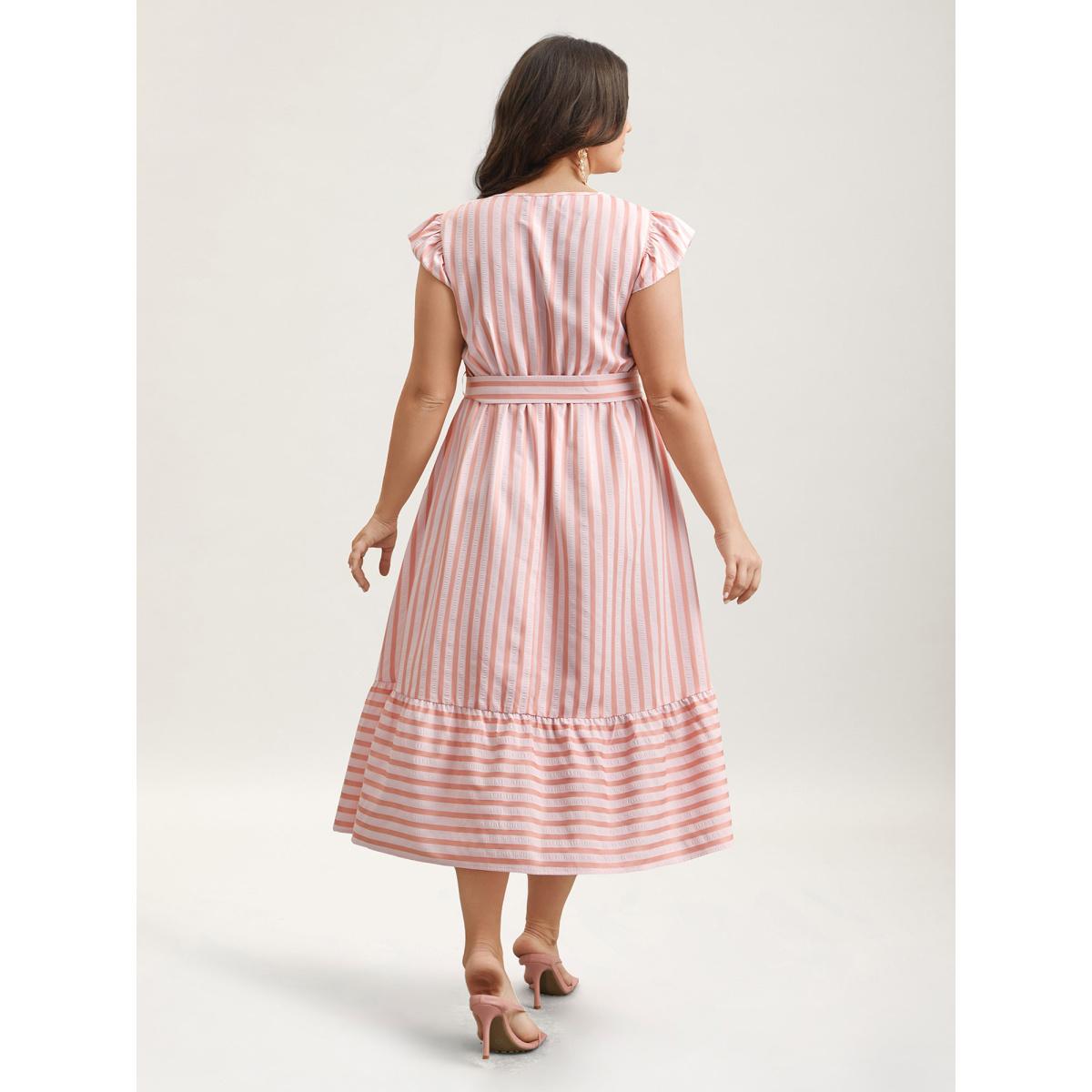 Plus Size Pastel Stripes Belted Pockets Midi Dress Multicolor Women Timeless Belted Round Neck Cap Sleeve Curvy BloomChic 26/4X Product Image