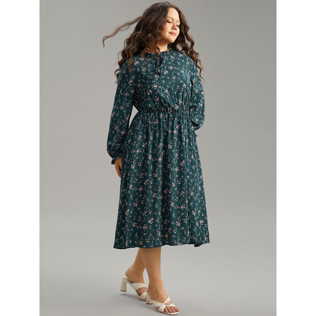 Plus Size Ditsy Floral Pocket Mock Neck Dress DarkGreen Women Elegant Cross straps Mock Neck Long Sleeve Curvy Midi Dress BloomChic 10/M Product Image