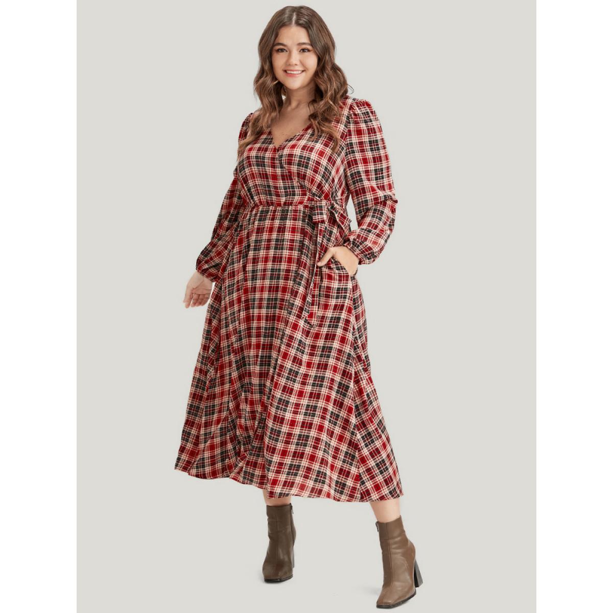 Plus Size Tartan Wrap Lantern Sleeve Pocket Knotted Split Dress Maroon Women Elegant Knotted V-neck Long Sleeve Curvy Midi Dress BloomChic 12/L Product Image