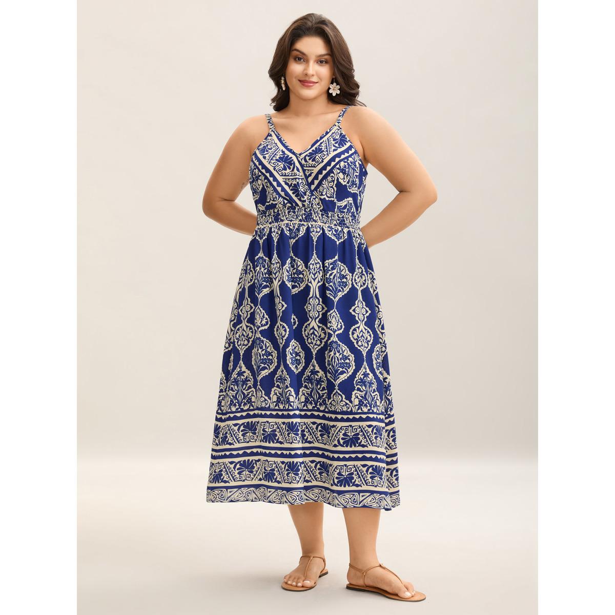 Plus Size Boho Print Shirred Pockets Midi Dress DarkBlue Women V-neck Sleeveless Curvy BloomChic 18-20/2X Product Image