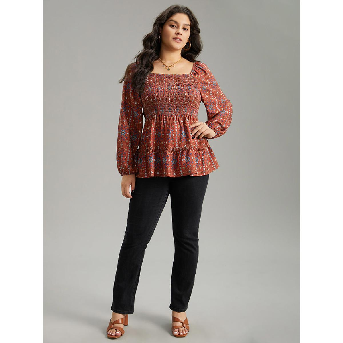 Plus Size Scarlet Boho Print Shirred Tiered Ruffles Blouse Women Vacation Long Sleeve Square Neck Dailywear Blouses BloomChic 14-16/1X Product Image