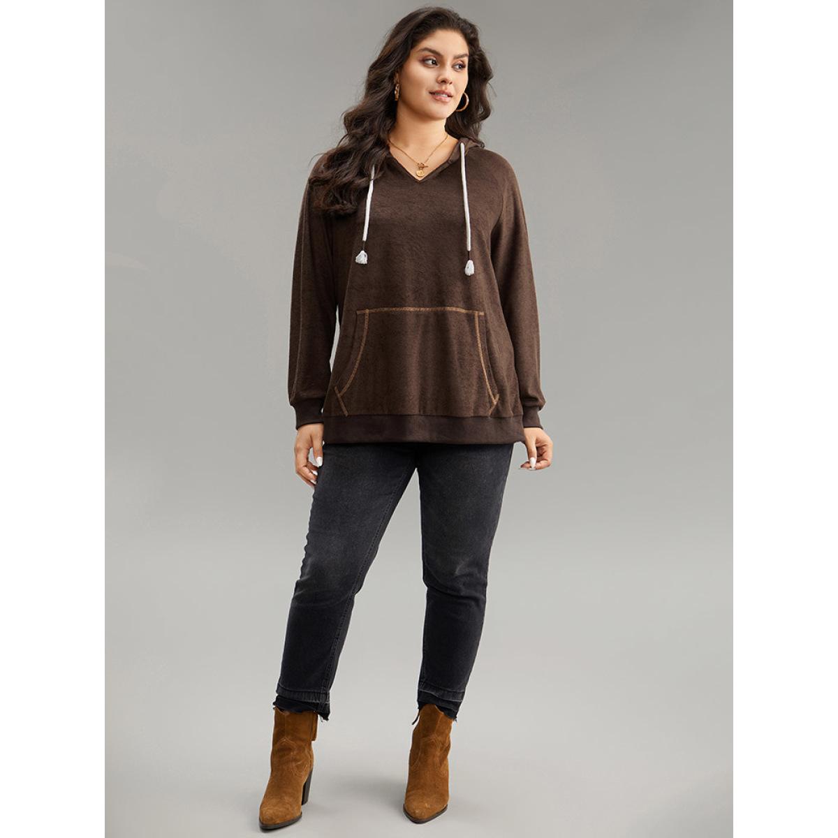 Plus Size Stitch Tassels Drawstring Hooded Sweatshirt Women DarkBrown Casual Elastic cuffs Hooded Dailywear Sweatshirts BloomChic 26/4X Product Image