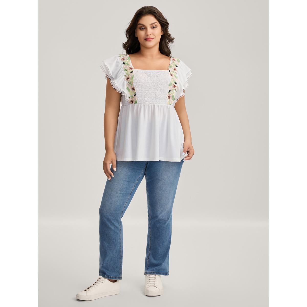 Plus Size Floral Lace Stretchy Shirred Tank Top Women WhiteSmoke Woven ribbon&lace trim Square Neck Casual Tank Tops Camis BloomChic 22-24/3X Product Image