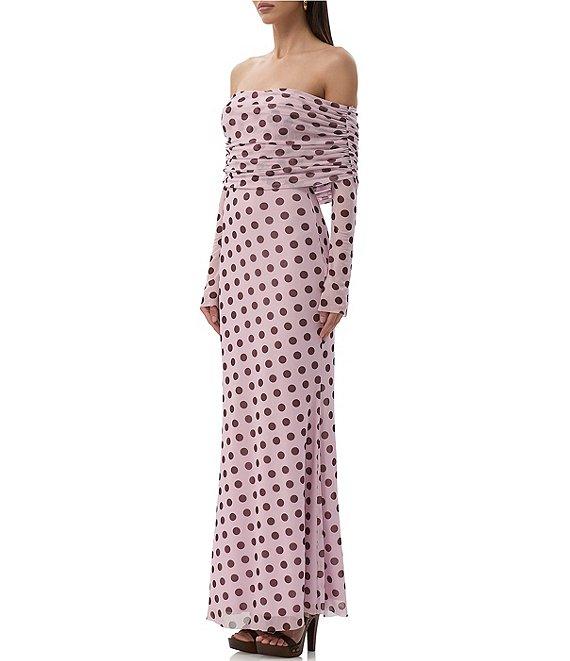 AFRM Thelma Dot Print Off-The-Shoulder Long Sleeve Mesh Maxi Dress Product Image