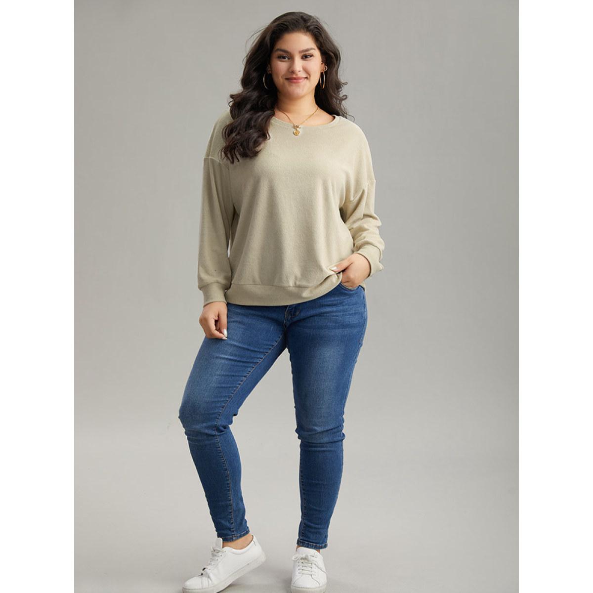 Plus Size Heather Plisse Elastic Hem Sweatshirt Women Beige Casual Texture Round Neck Dailywear Sweatshirts BloomChic 10/M Product Image